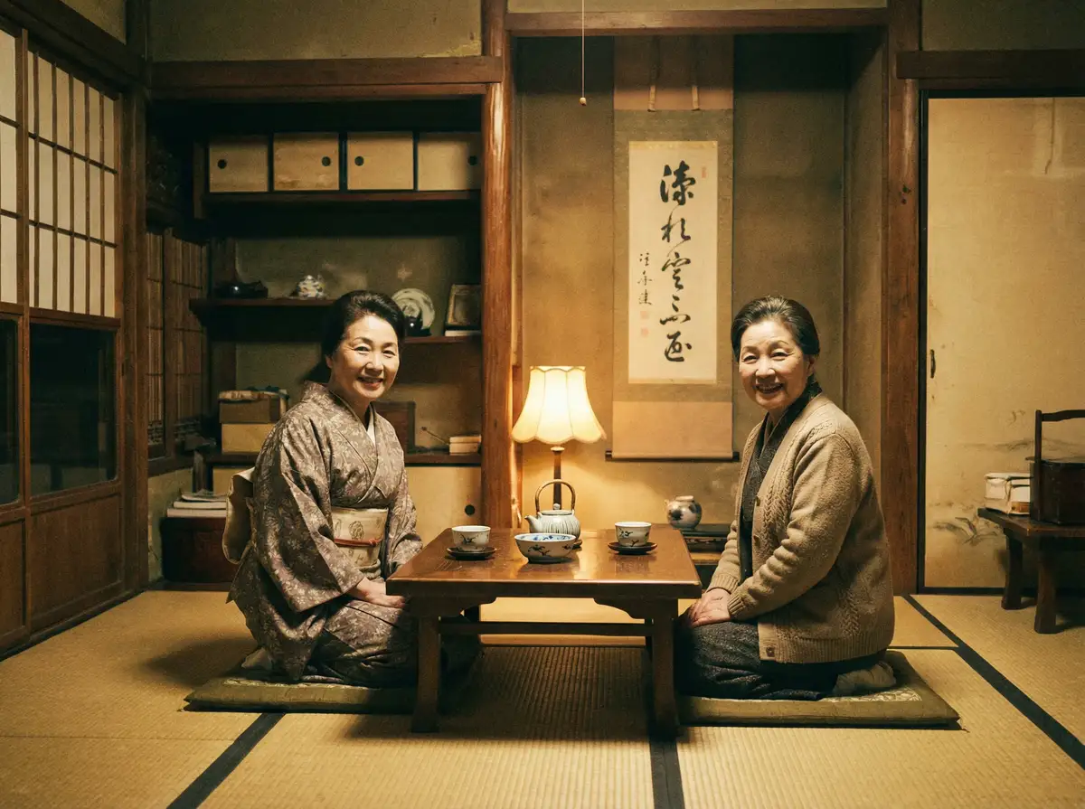 两位优雅的 四虎tv 在日式茶室中品茶交谈